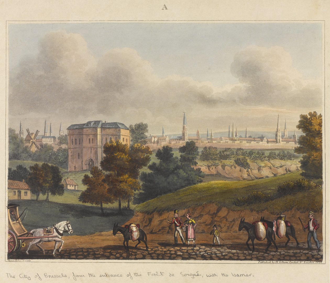 Byen Bruxelles, fra indgangen til Soignesfortet, med barrieren, 1815, fra 