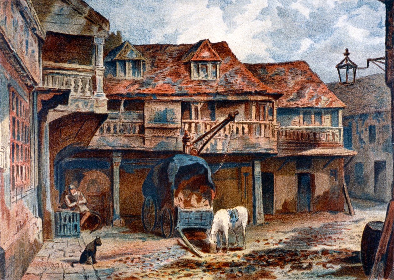 Gården til Tabard Inn, Borough High Street, Southwark, London, 1871 af James S Virtue