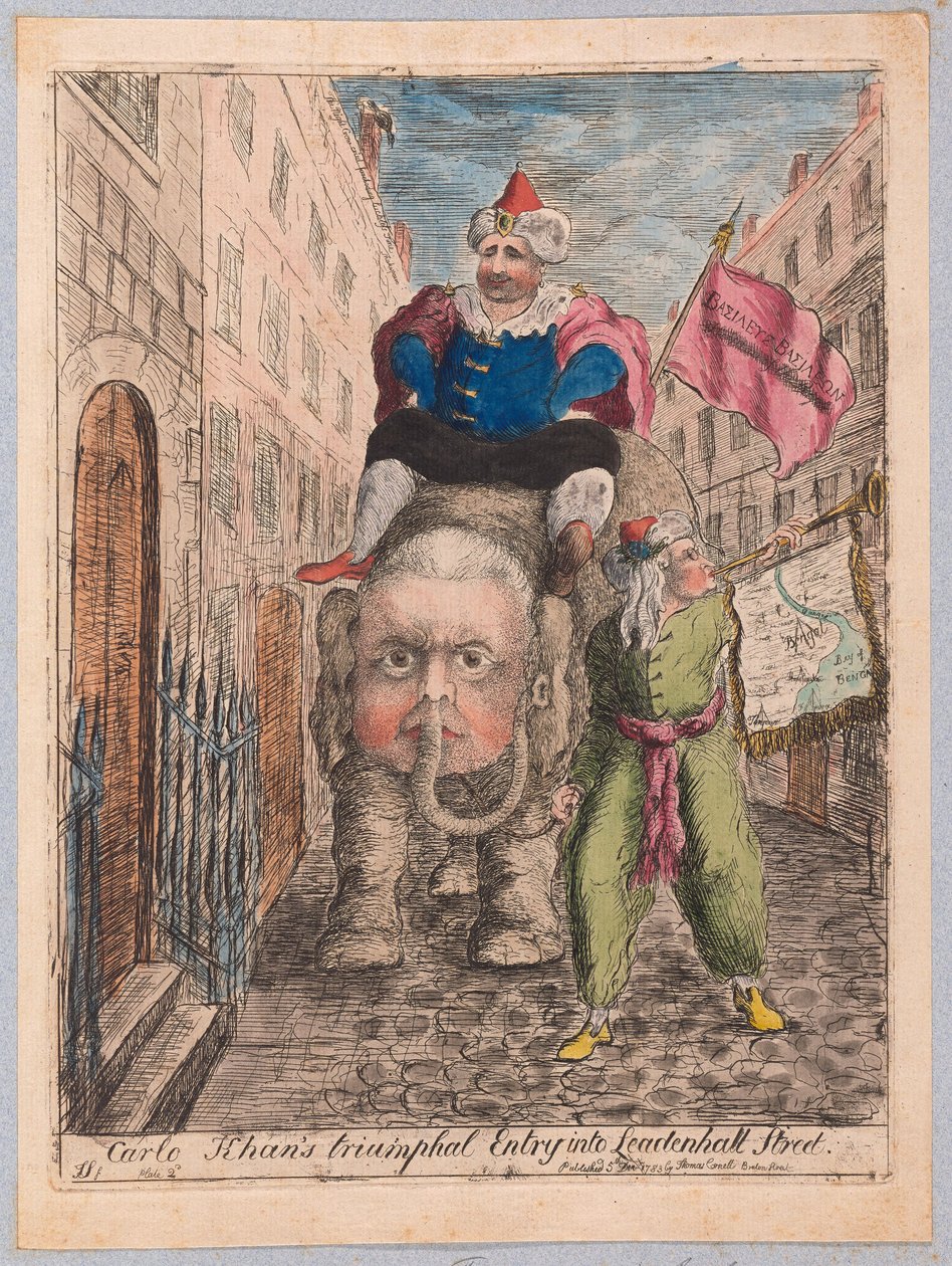 Carlo Khans triumfale indtog i Leadenhall Street, pub. 1783 (håndkoloreret gravering) af James Sayers