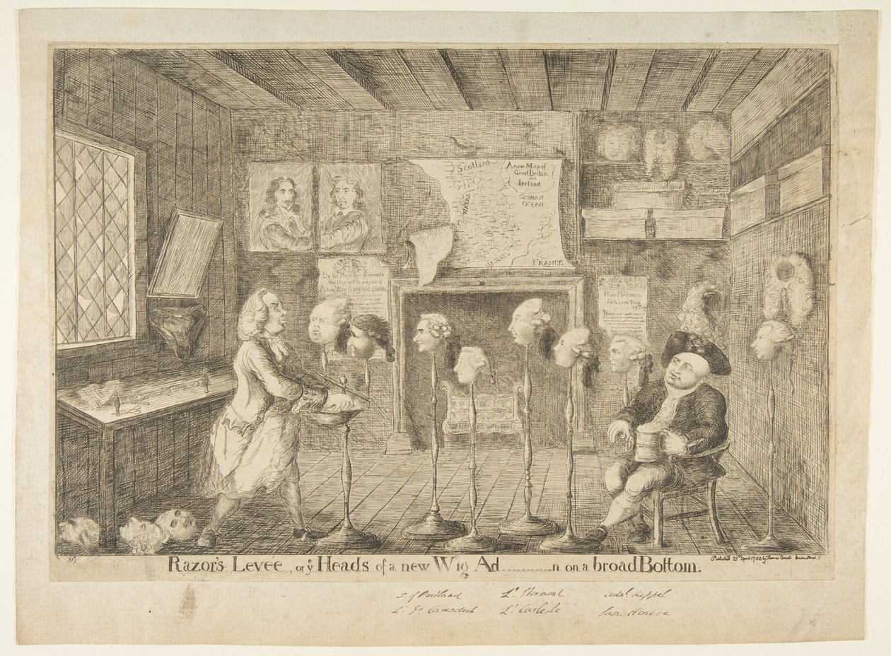 Razors Levée, eller Ye Heads of a New Wig Administration] on a Broad Bund, 21. april 1783. af James Sayers