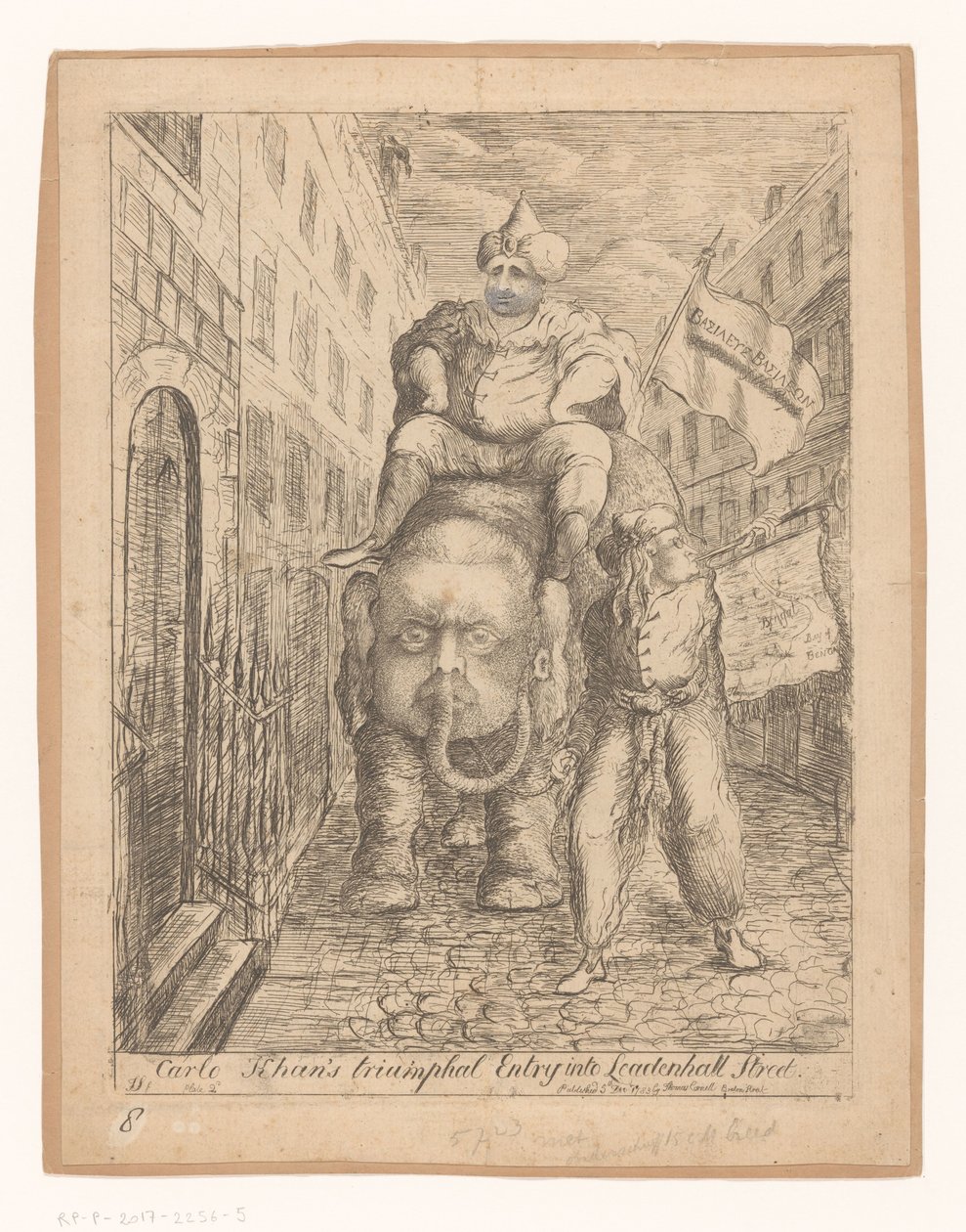 Spotprent af Charles Fox Carlo Khans triumferende indtog i Leadenhall Street (titel på objektet) af James Sayers