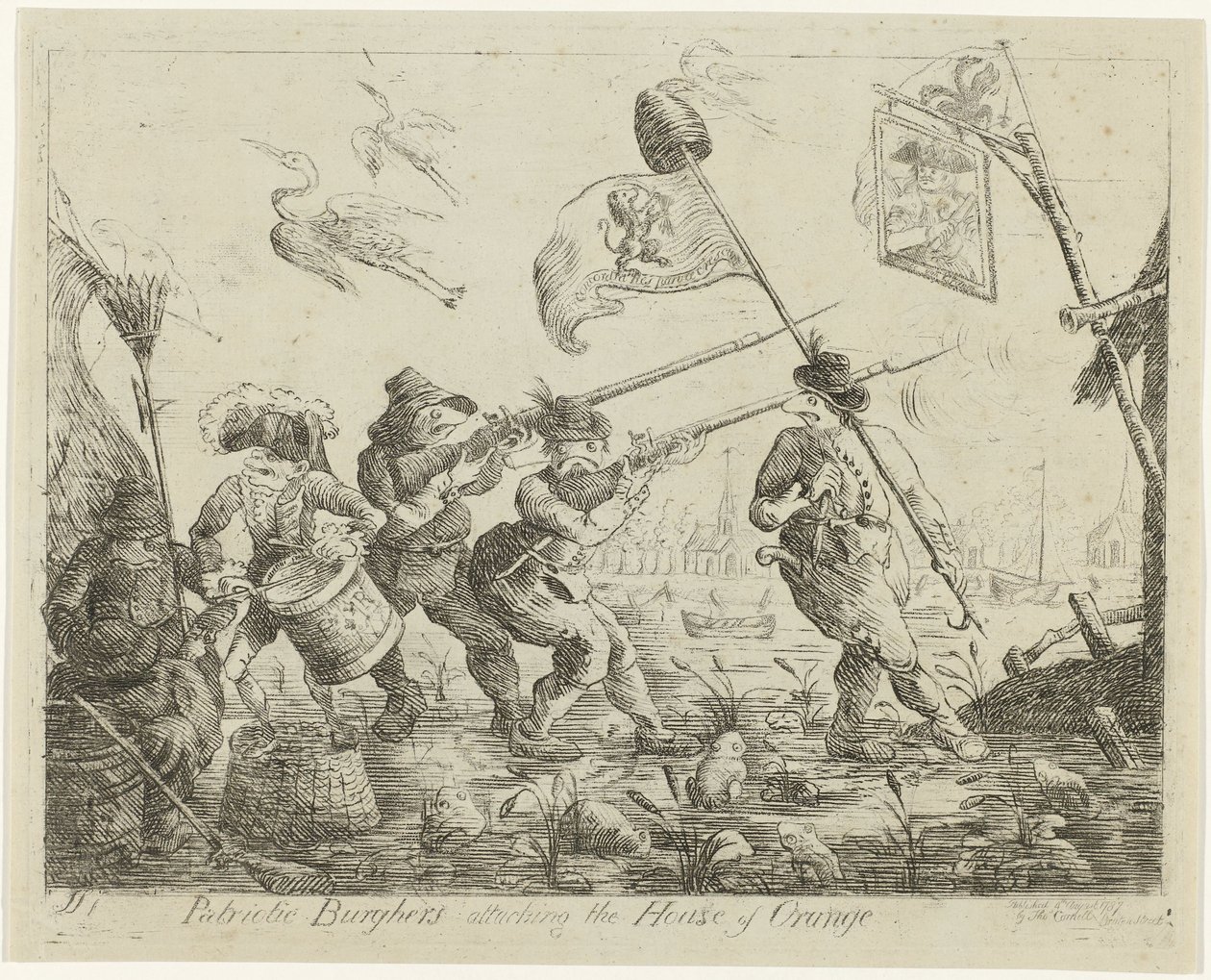 Spotprent op Goejanverwellesluis, 1787 Patriotiske borgere angriber House of Orange (titel på objekt) af James Sayers