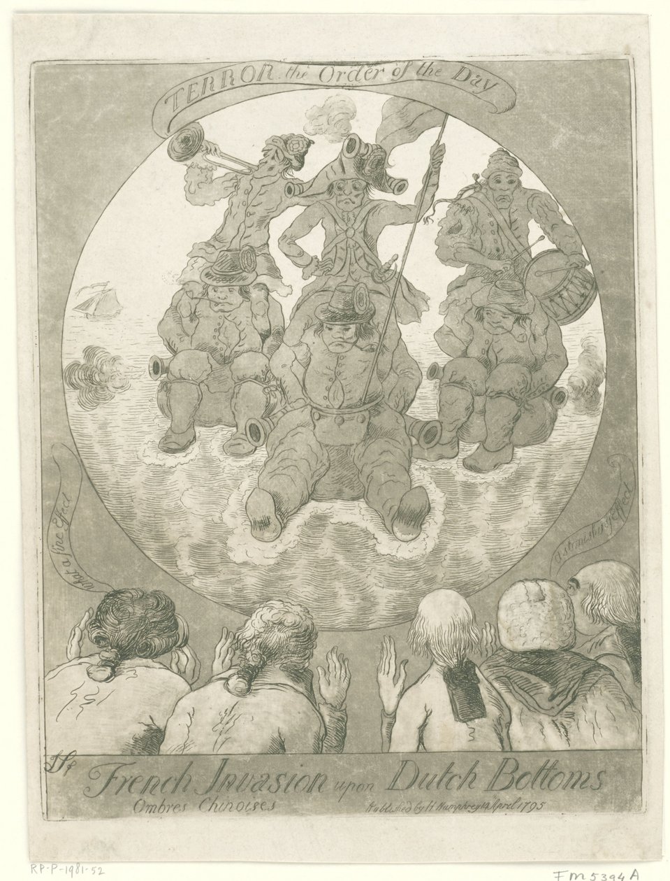 Spotprent op de Franse invasie, 1795 Fransk invasion på hollandsk bund. Ombres Chinoises / Terror the Order of the Day (titel på objekt) af James Sayers