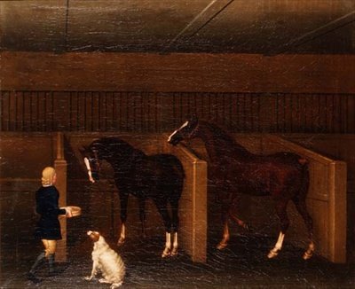 En brudgom, heste og en hund i en stald af James Seymour