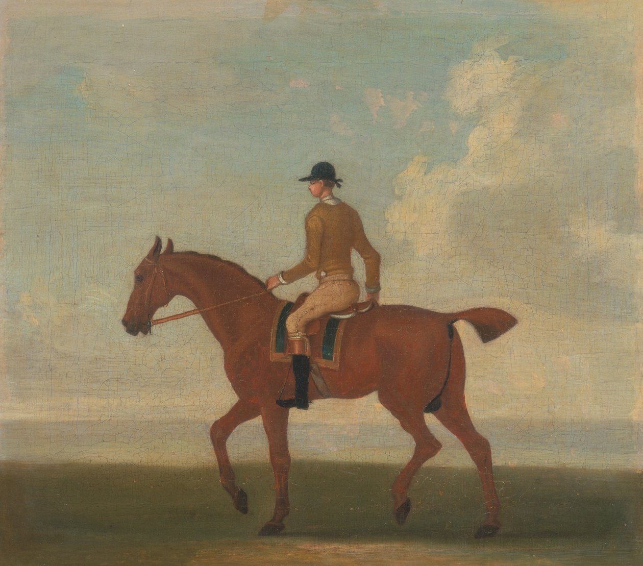 Et af fire portrætter af heste - en kastanjefarvet væddeløbshest med jockey Op: går til venstre; jockey i buff-gul jakke af James Seymour