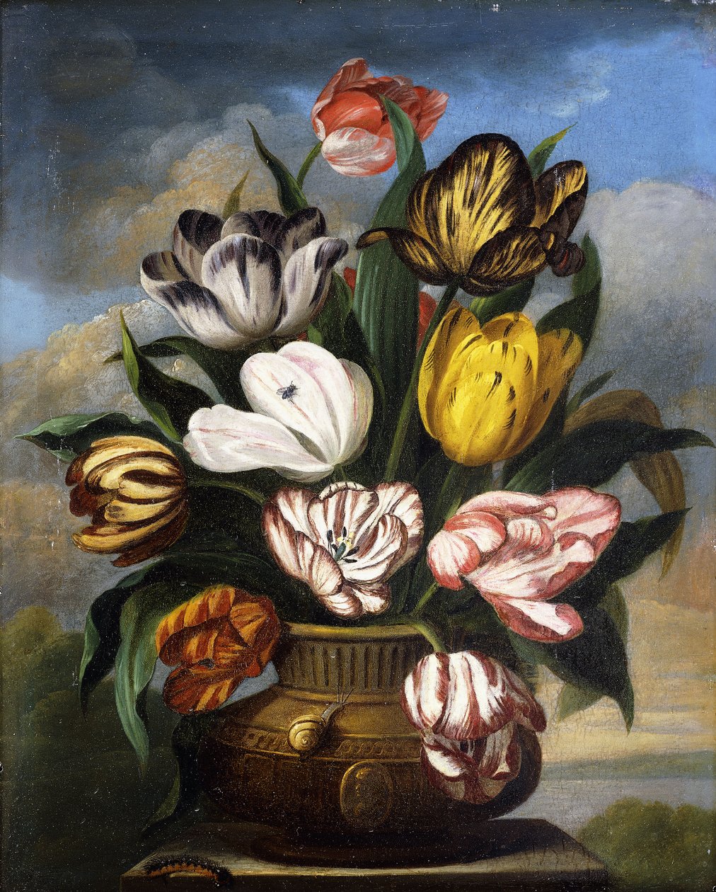 Tulipaner i en vase, med en larve, en snegl og en flue, på en sokkel i et landskab, 1826 af James Sillett