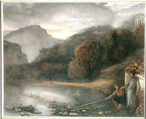 Landskab med et tempel og pastorale figurer (akvarel på papir) af James Smetham