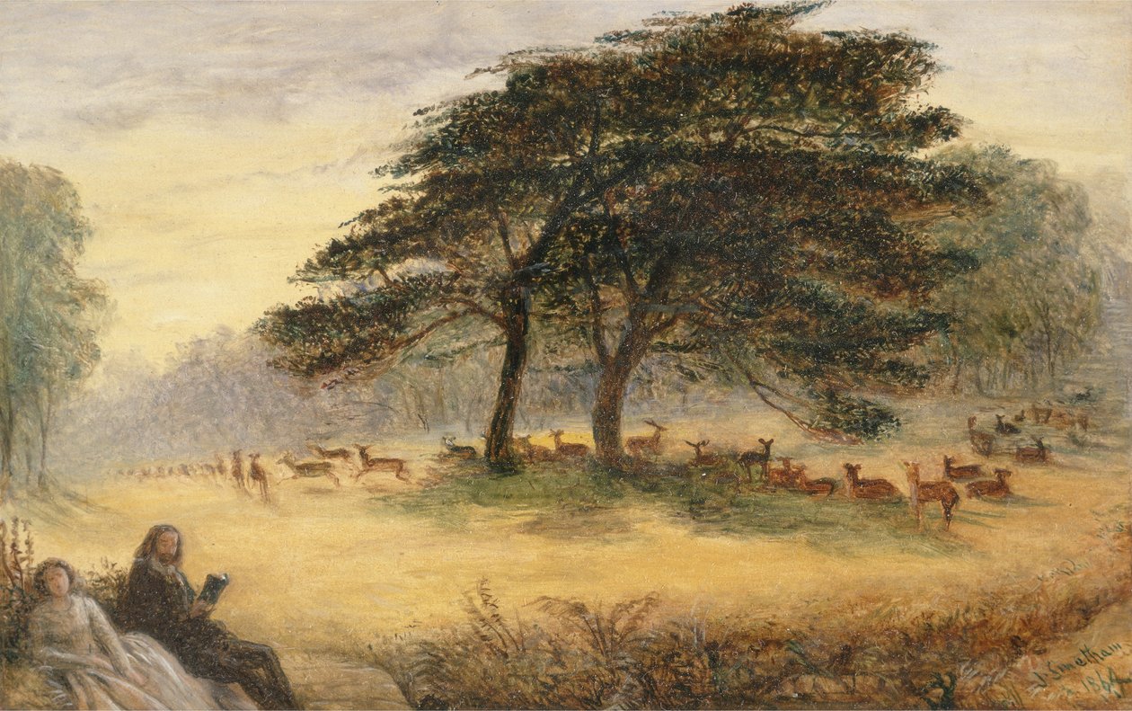 Elskere i Richmond Park (Windsor Park) (olie på panel) af James Smetham