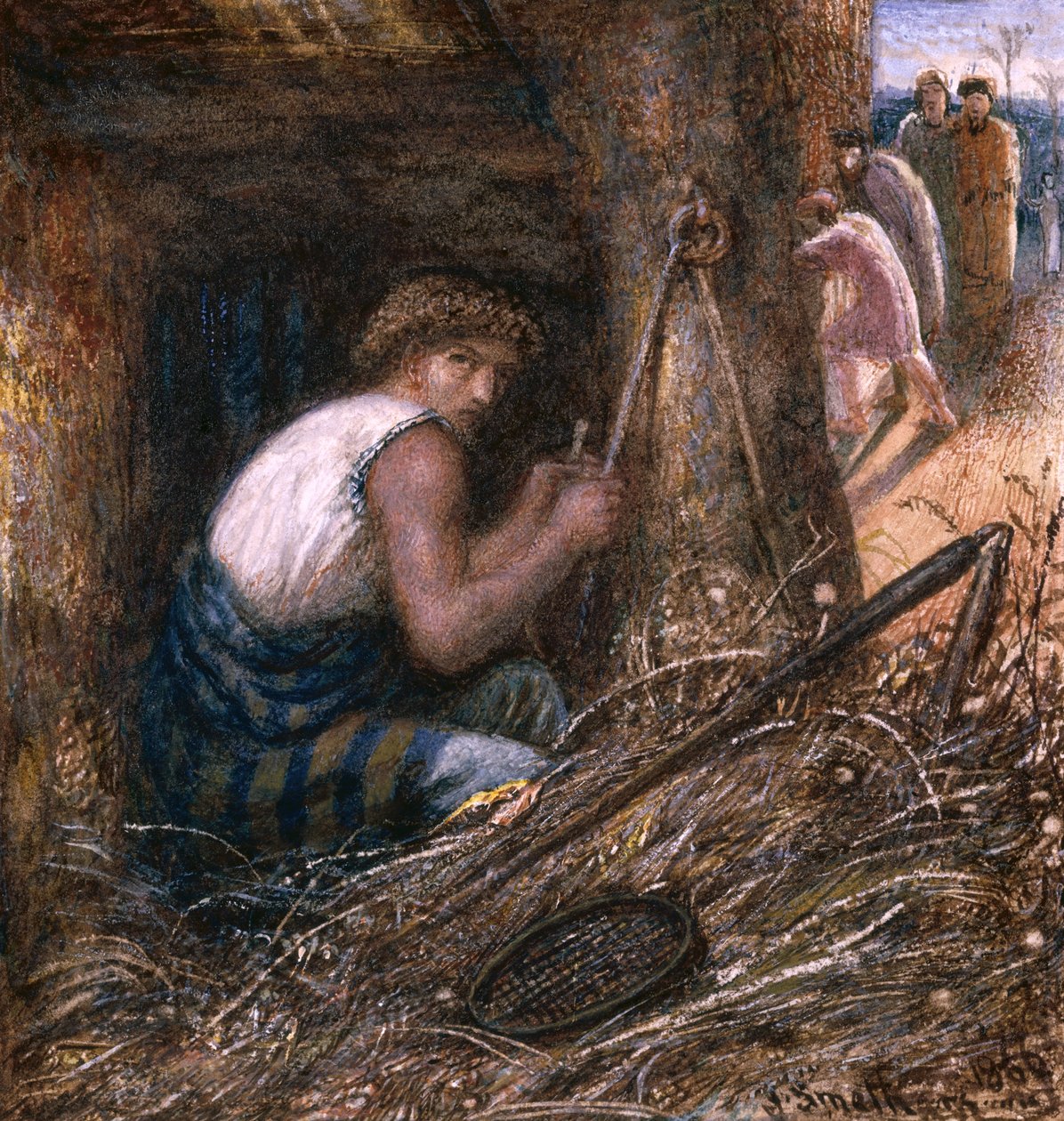 Saul Hiding among the Stuff, 1866 (wc, olie og gummi arabic på papir) af James Smetham
