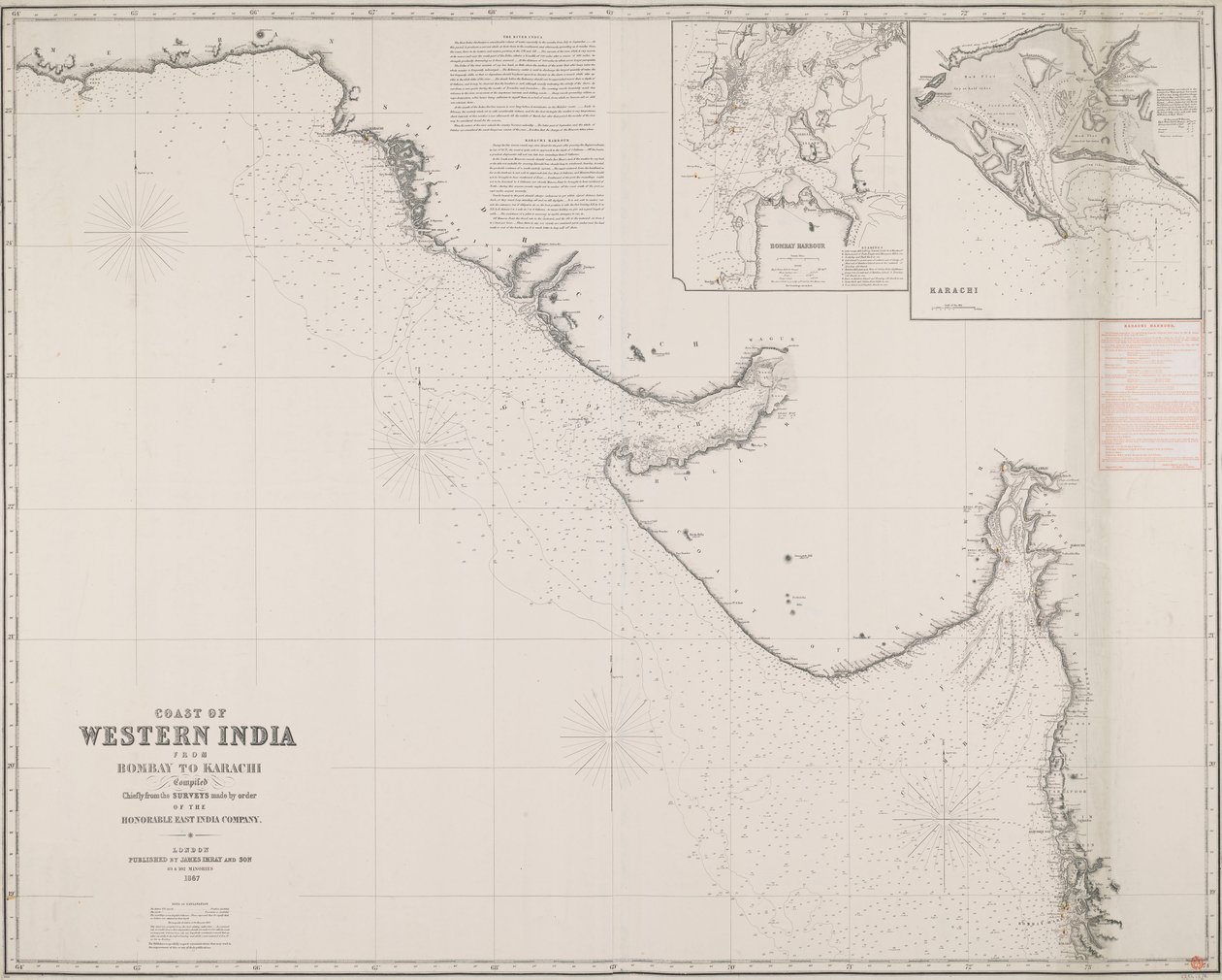 Vestindiens kyst fra Bombay til Karachi, hovedsageligt baseret på opmålinger foretaget efter ordre fra det ærede ostindiske kompagni. af James & Son Imray
