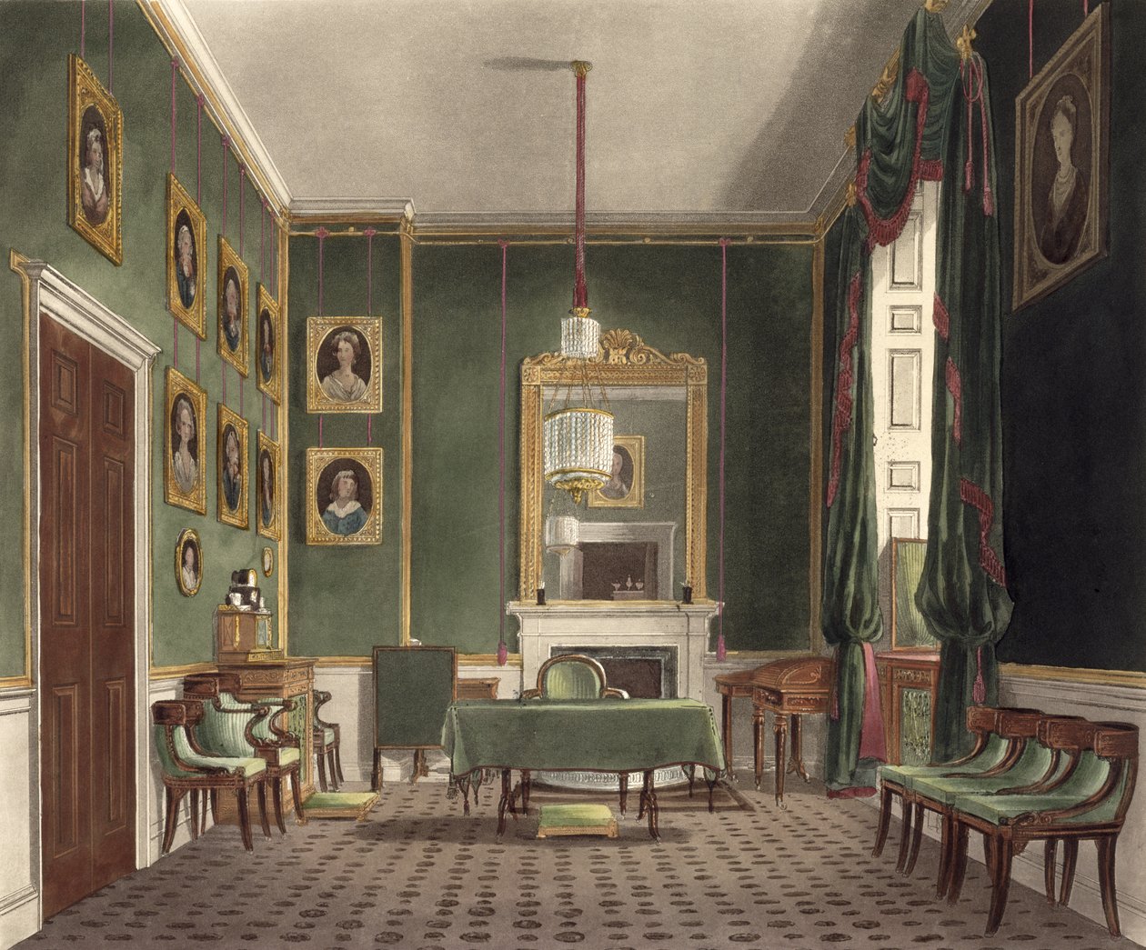 The Green Closet, Buckingham House, fra "The History of the Royal Residences", graveret af Daniel Havell (1785-1826), af William Henry Pyne (1769-1843), 1819 af James Stephanoff
