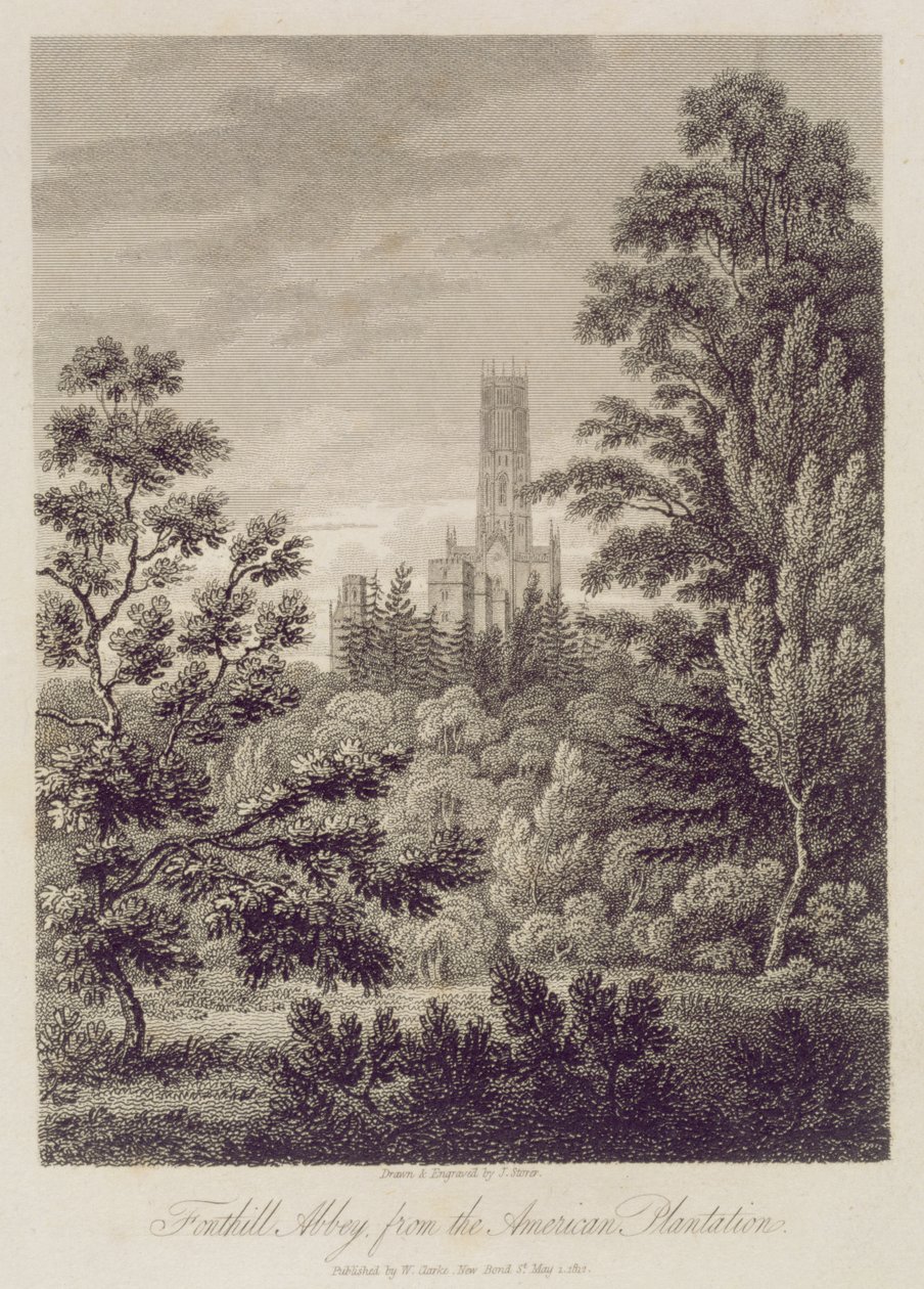 Fonthill Abbey fra American Plantation, udgivet af W. Clarke, New Bond Street, 1812 af James Storer