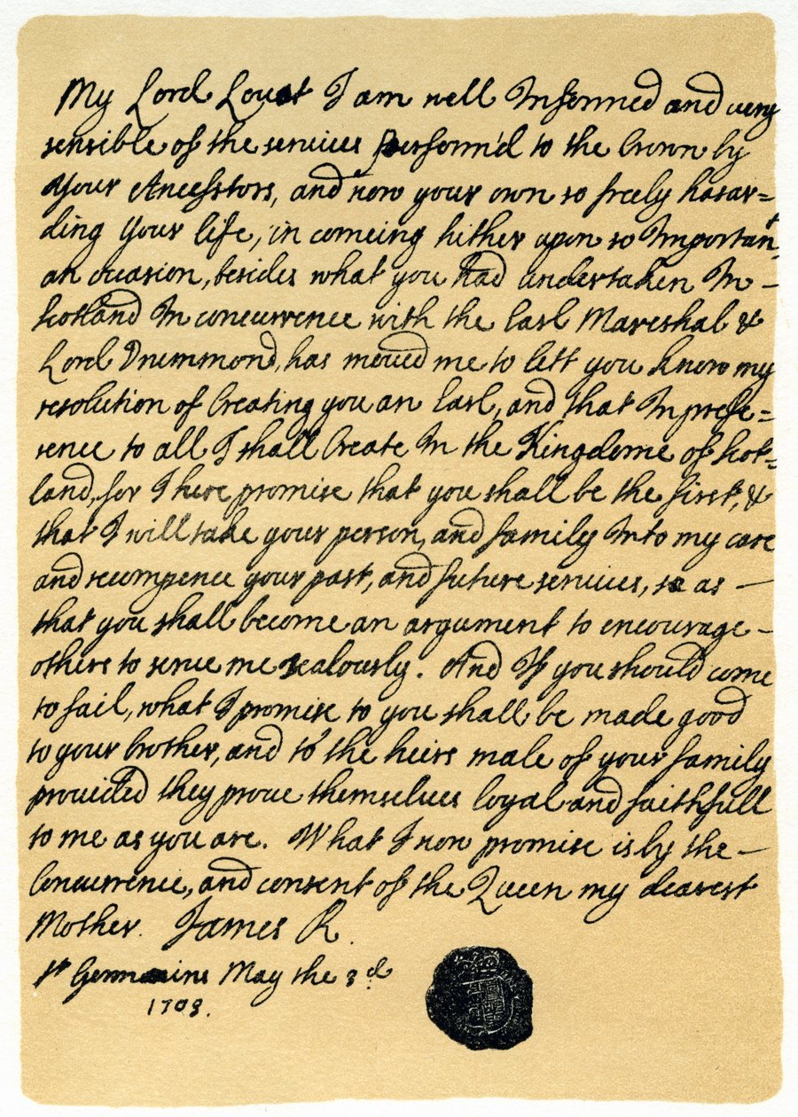 Brev fra James Edward Stuart til Simon Fraser, Lord Lovat, St. Germains, 3. maj 1703. af James Stuart