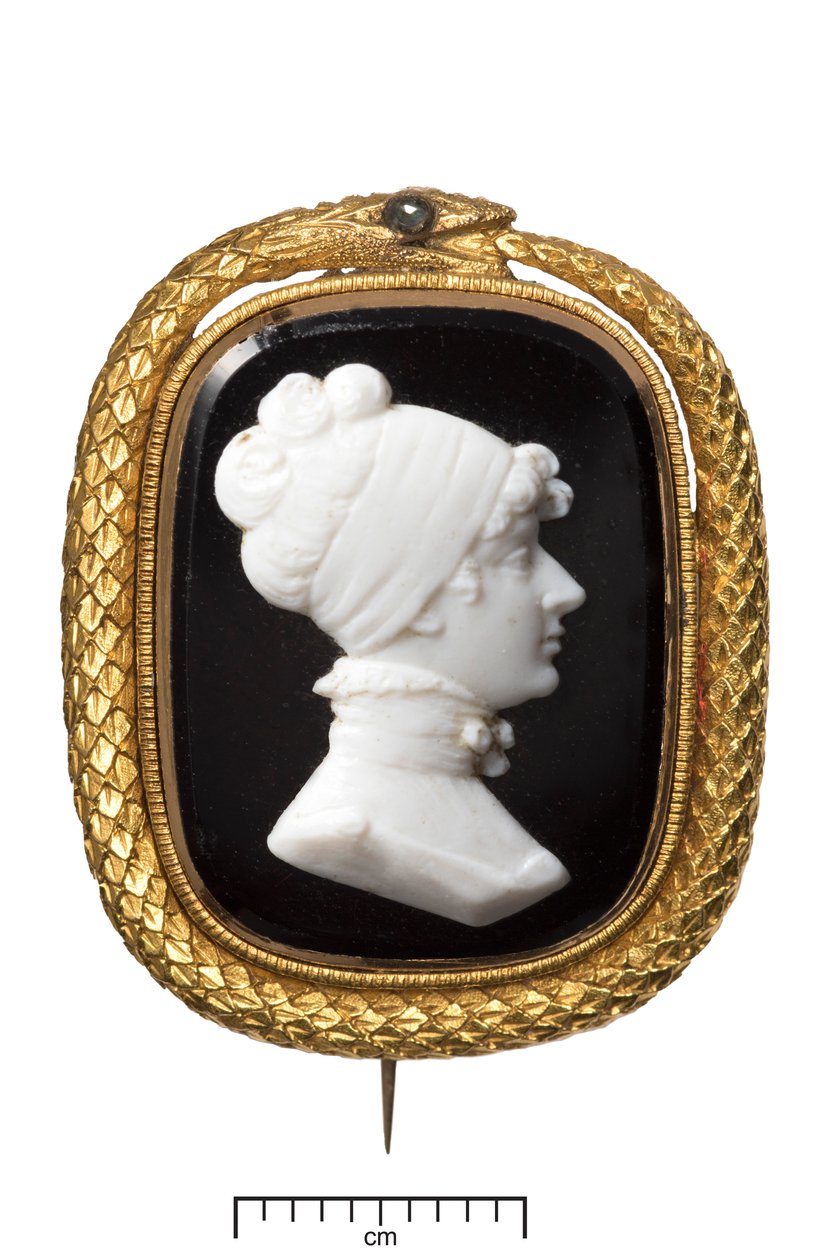 Death of Princess Charlotte Gold Memorial Broche, ca. 1817 (sort og hvidt glas sat i guld med diamant) af James Tassie