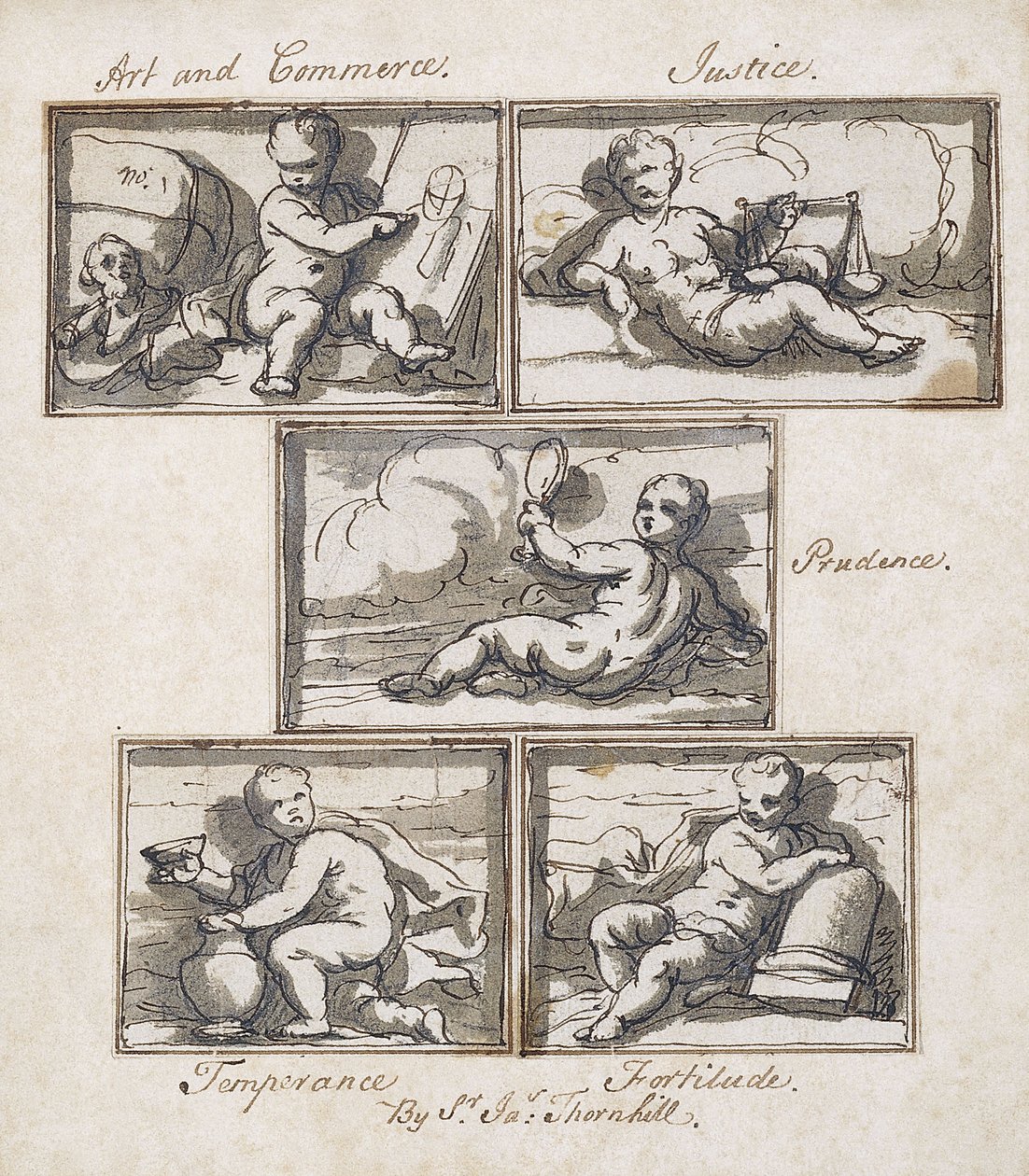 Kunst og Handel; Retfærdighed; Forsigtighed; Afholdenhed; og styrke, af James Thornhill