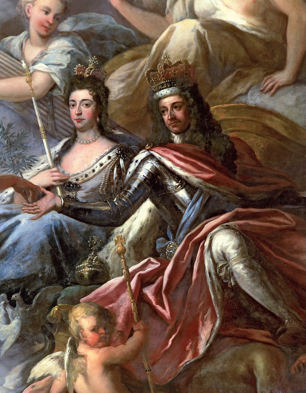 Loftet i den malede sal, detalje af kong Vilhelm III 1650-1702 og Dronning Mary II 1662-94 på tronen, 1707-14 se 208087 af James Thornhill