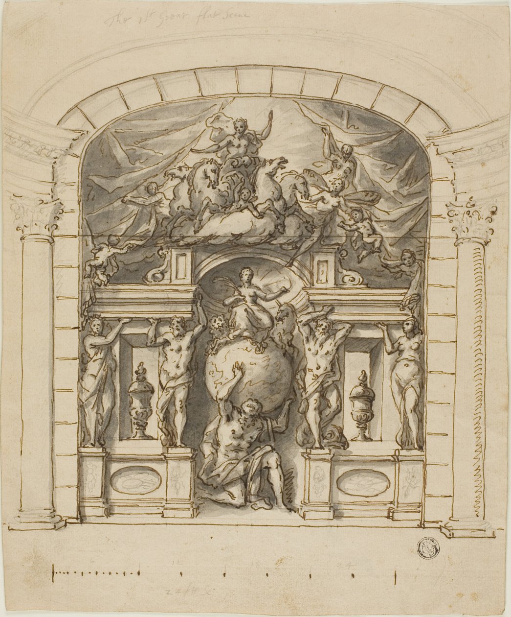 Design til scenesceneri (Hampton Court) med mytologiske figurer af James Thornhill