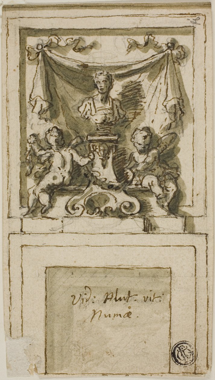Design til overdelen af en kamin med buste af Pompilius Numa af James Thornhill