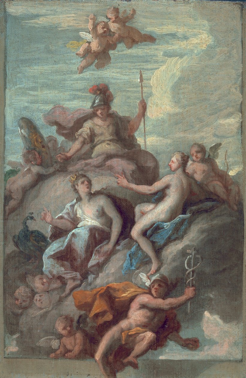 Juno, Minerva og Venus sender Merkur med Discordens Æble, ca. 1718 af James Thornhill