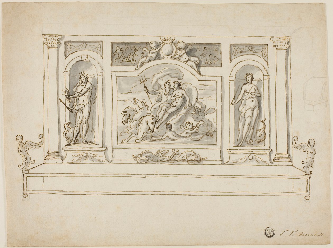 Neptun og Amphitrite flankeret af Jupiter og Juno: Design til malet hal- eller havebænk af James Thornhill