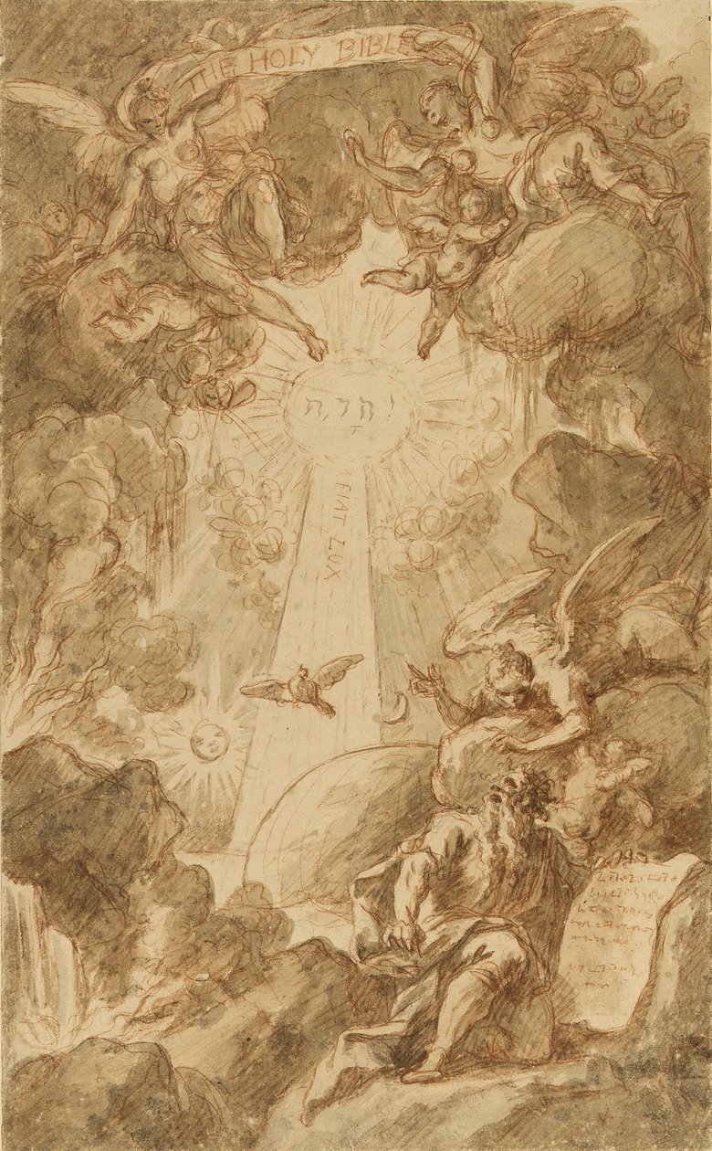 Forberedende tegning til C. du Boscs gravering til Chapel Bible of the Royal Marine College. Arbejde (43x26,6 cm) af James Thornhill (1675-1734), begyndelsen af det 18. århundrede. af James Thornhill