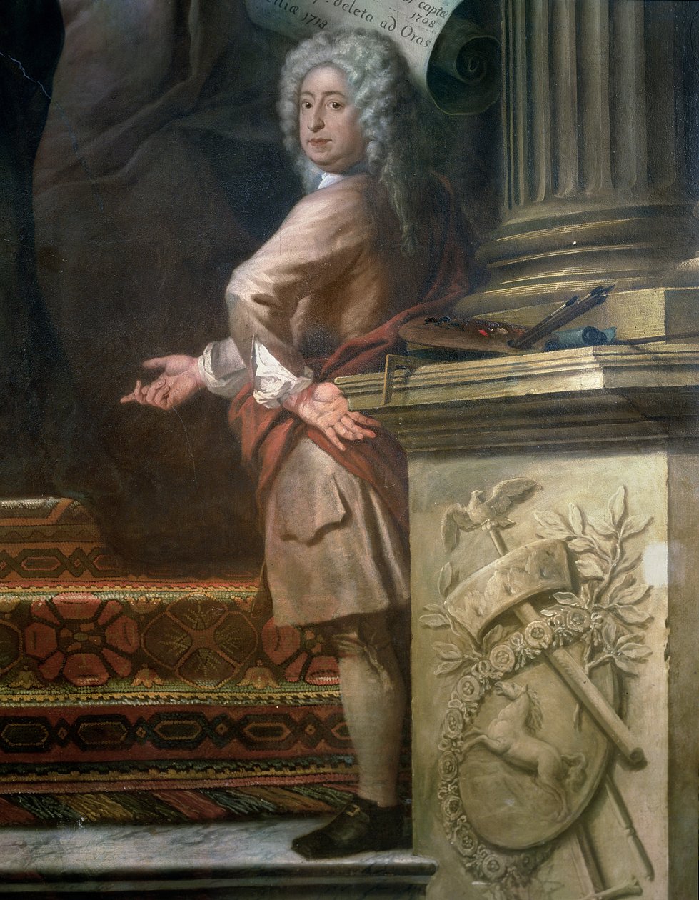 Bagvægsmaleri af den øvre sal, der glorificerer George I 1660-1727 og House of Hannover, detalje af kunstneren, 1718-24 se 208091 af James Thornhill