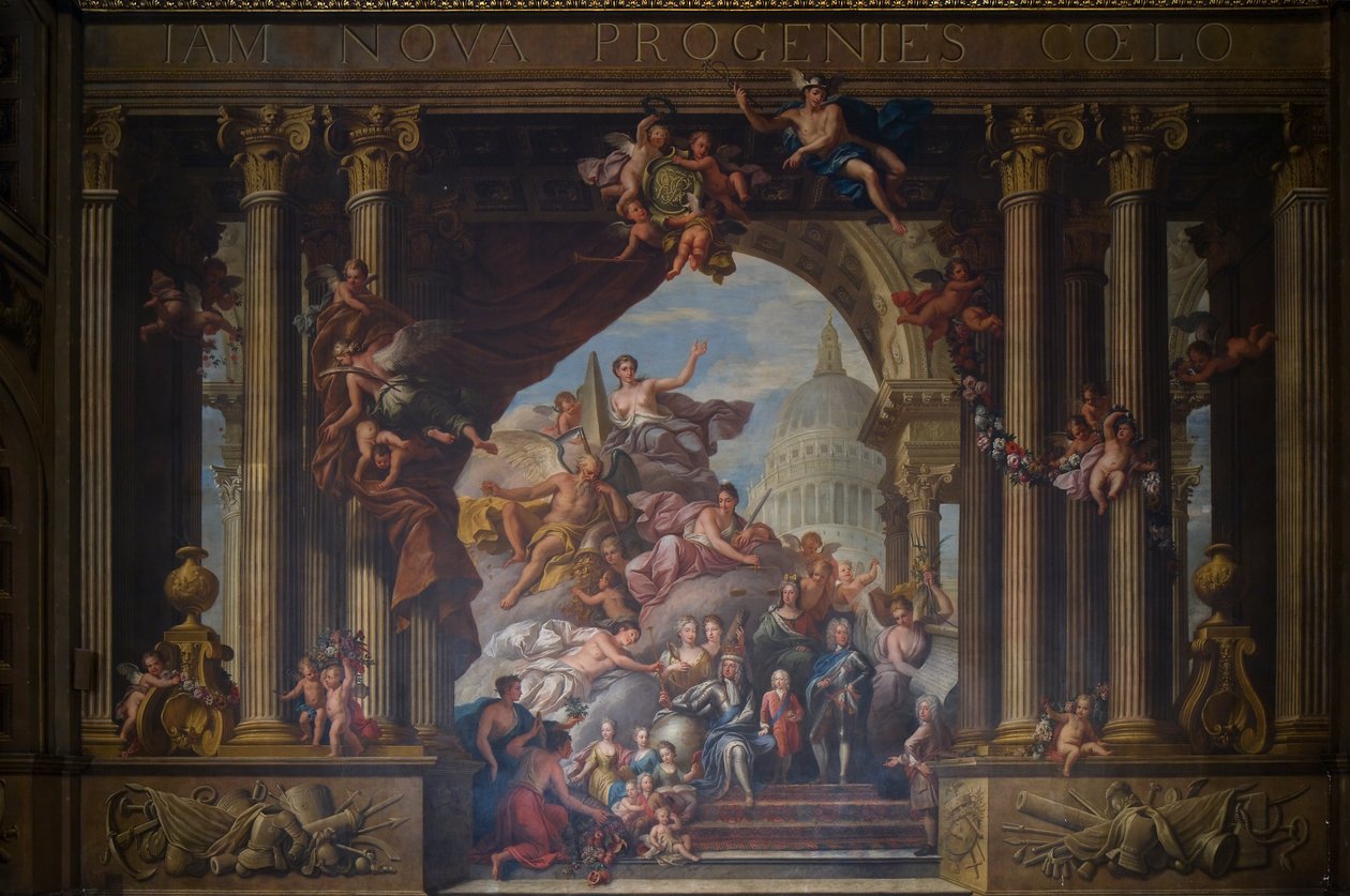 Den malede sals vestmur, ca. 1707-27 (vægmaleri) af James Thornhill