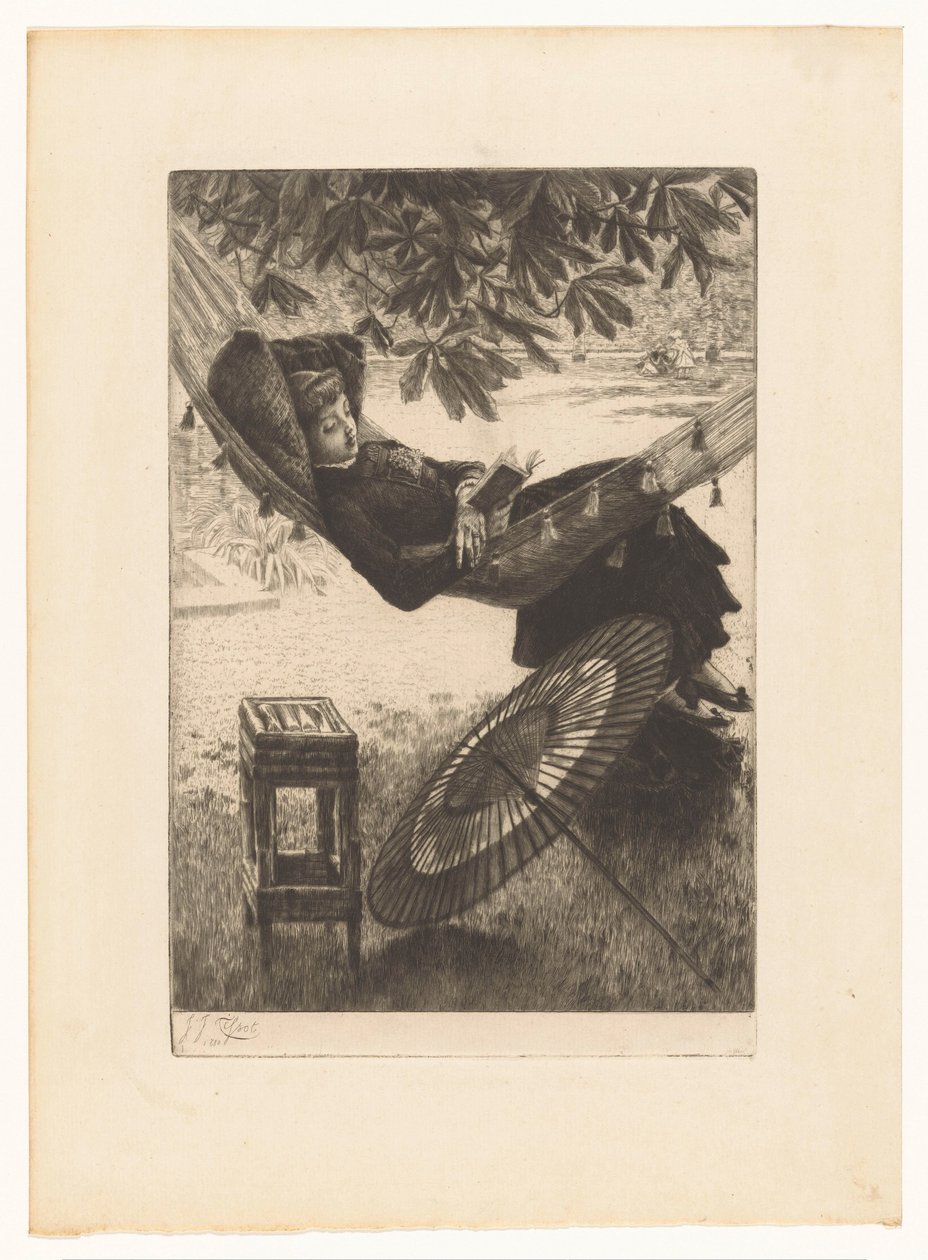 Ung kvinde læser i en hængekøje af James Tissot