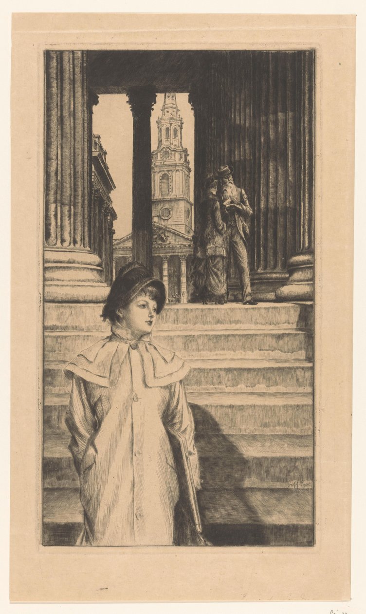 Ung kvinde går ned ad trapperne i National Gallery i London af James Tissot