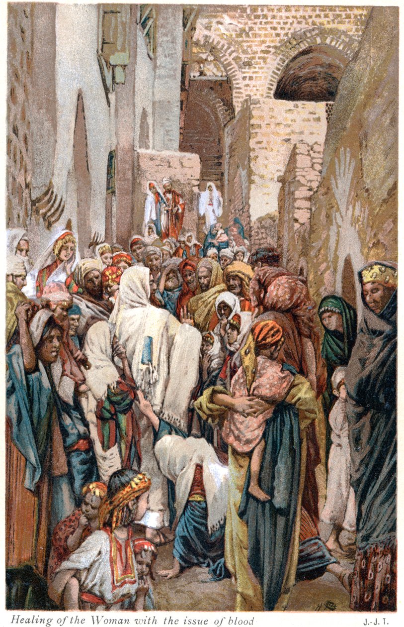 Kvinde med blodvand rører ved kanten af Jesu klædedragt og bliver helbredt, c1890 af James Tissot