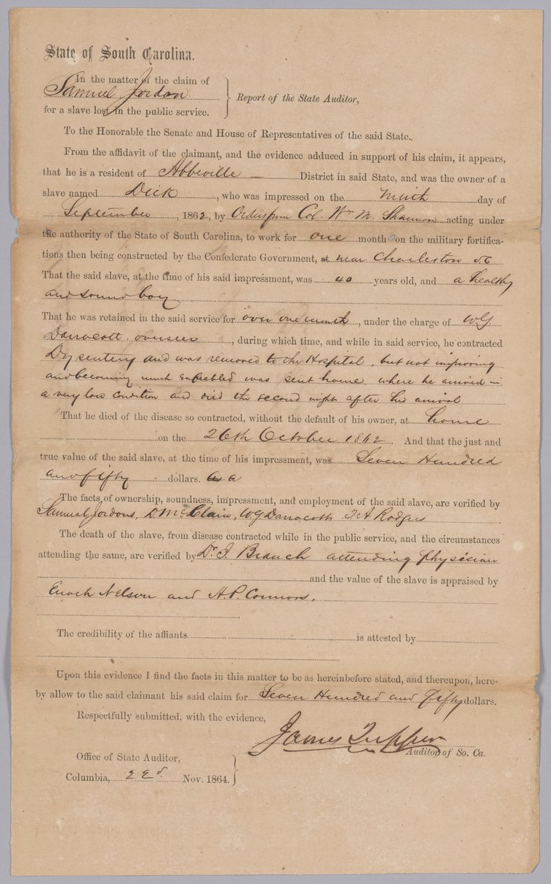 Krav tildelt af den konfødererede delstat South Carolina for den slaverede mand Dick, 23. november 1864. af James Tupper
