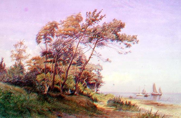 En picnic på kysten, Isle of Wight, med en yacht fortøjet ud for kysten, der flyver under fangen fra Royal Yacht Squadron af James Waite