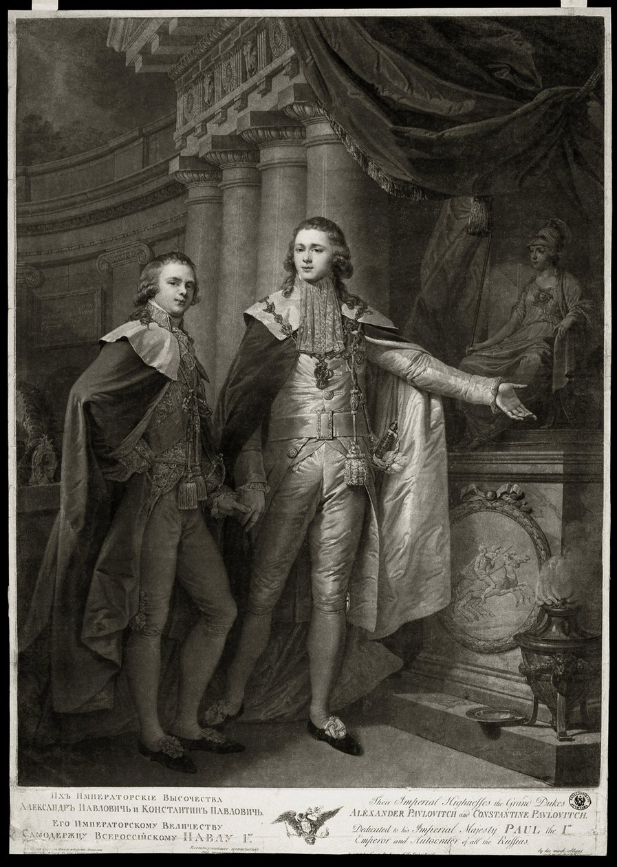 Portrætter af storhertugerne af Rusland Alexander I Pavlovich (1777-1825) og Constantin Pavlovich (1779-1831). Værk af James Walker (1748-cirka 1808), gravering 1797. Engelsk kunst af James Walker