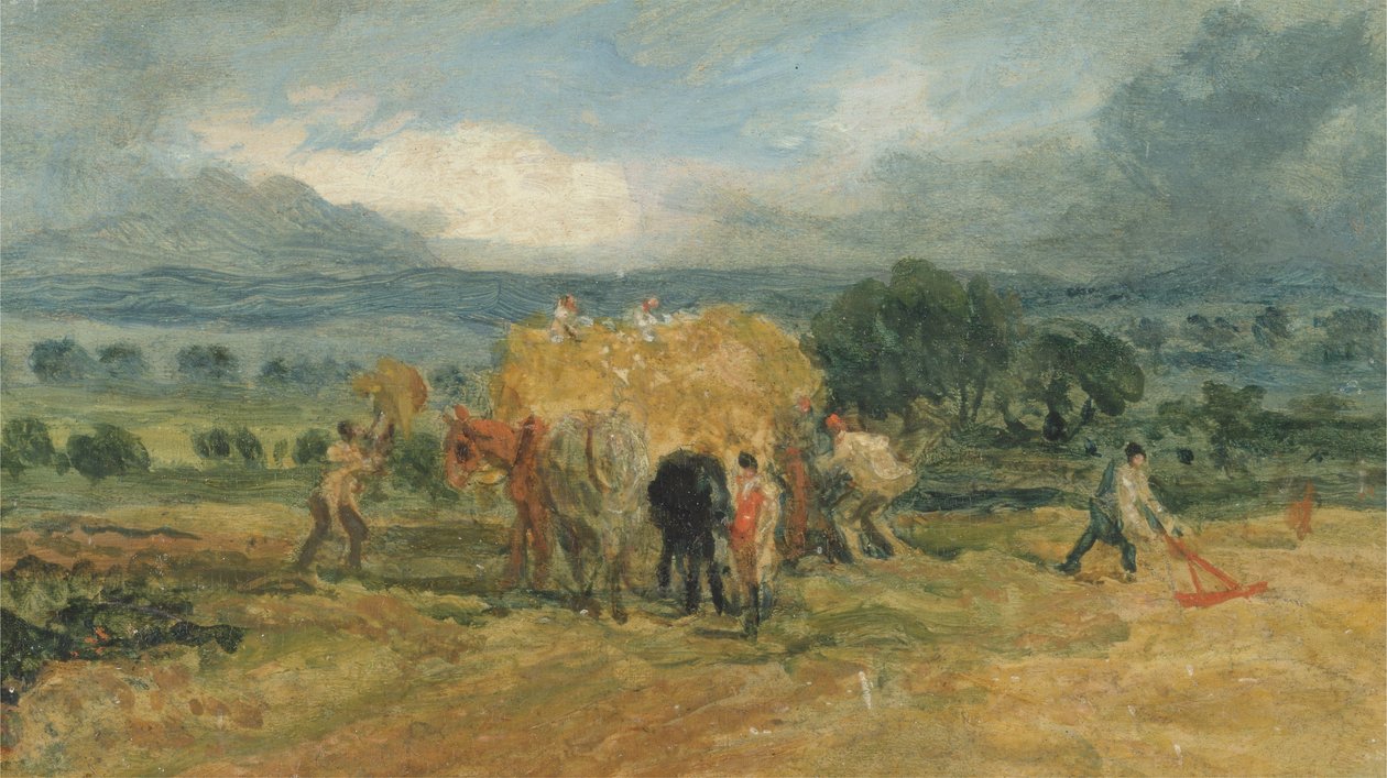 En høstscene med arbejdere, der læsser hø på en bondevogn (olie på panel) af James Ward