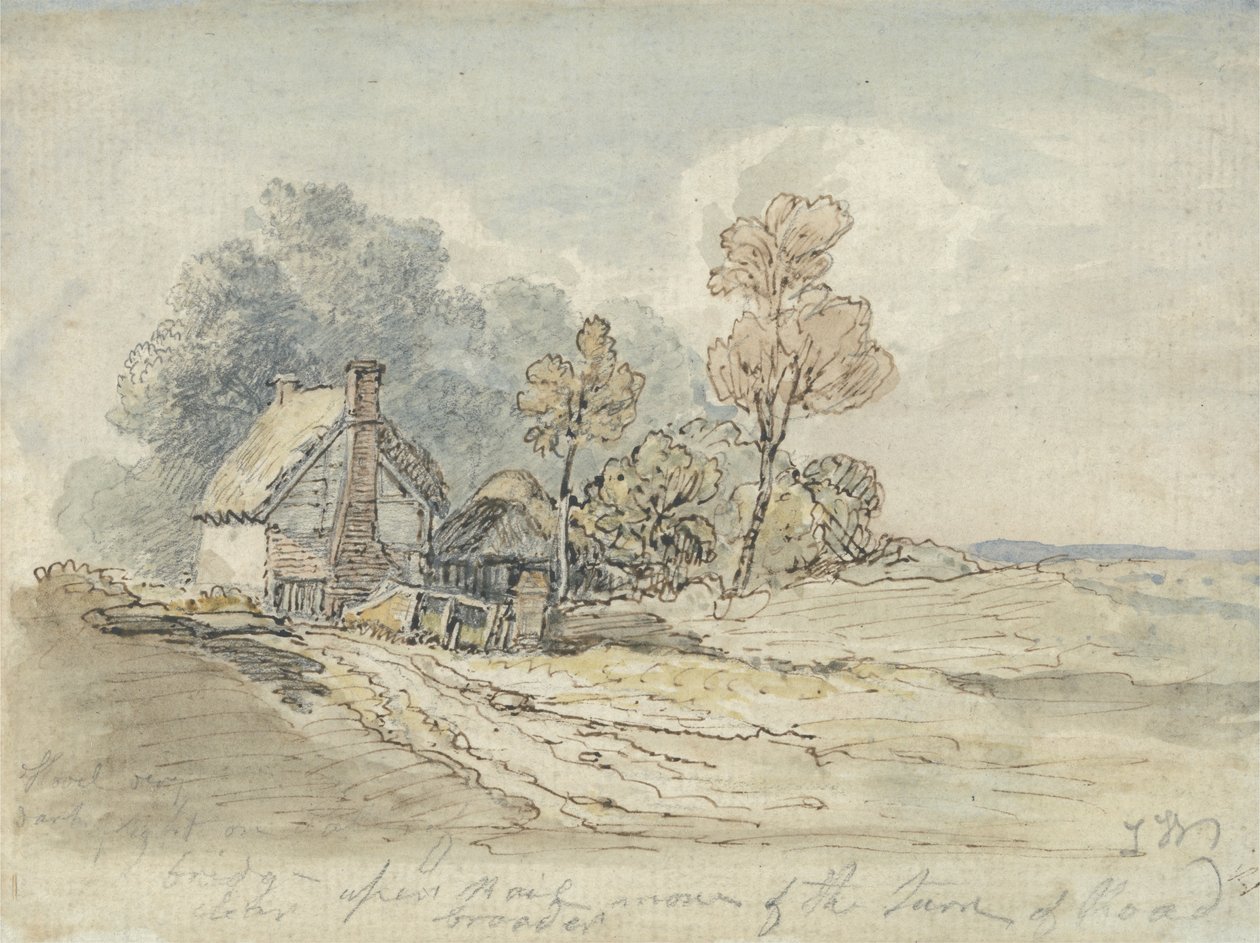 Et stråtækt sommerhus og træer ved svinget til en landevej (pen & w/c på papir) af James Ward