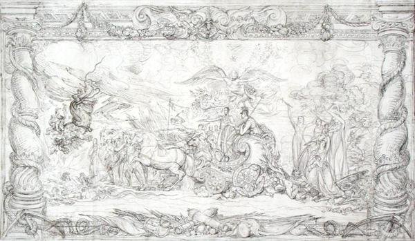 Design til "Waterloo Allegory", ca. 1815-22 (pen og sort blæk på papir) af James Ward