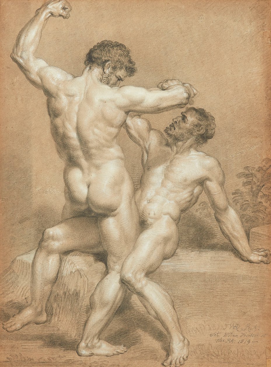 Figurstudie - Wrestlers (blyant og pastel på buff-papir) af James Ward