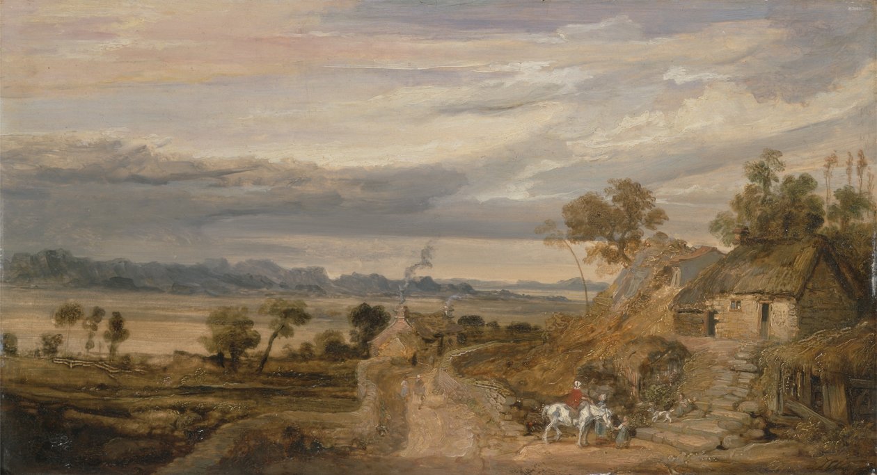 Landskab med hytter, ca. 1802-07 (olie på panel) af James Ward