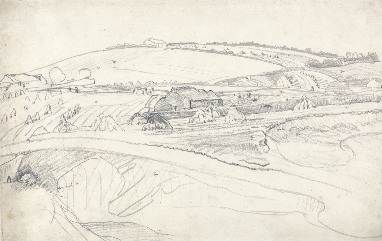 Landskab med gård og majsstokke (blyant på papir) af James Ward