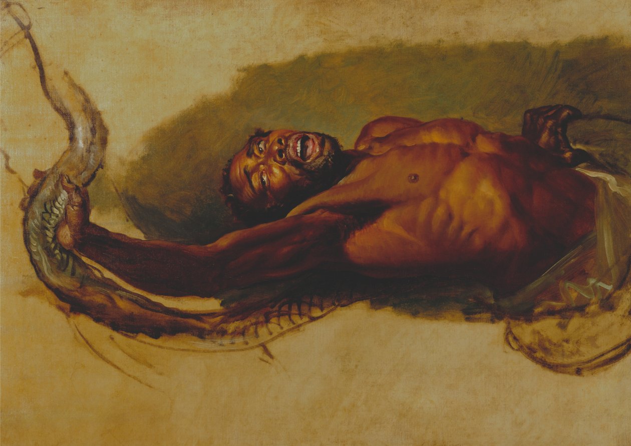 Mand kæmper med en Boa Constrictor, studie til "Liboya Serpent Seizing its Prey" af James Ward
