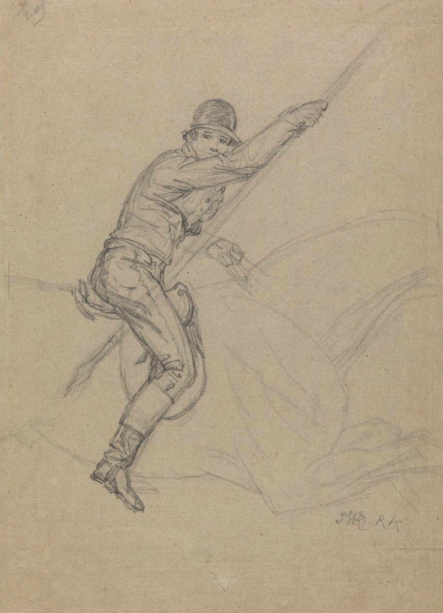 Sir Charles Blunt (f.1775) Jagten på vildsvinet og flugten fra tigeren: et studie til et af fire malerier fra 1815 (blyant forhøjet med hvidt på gråt papir) af James Ward