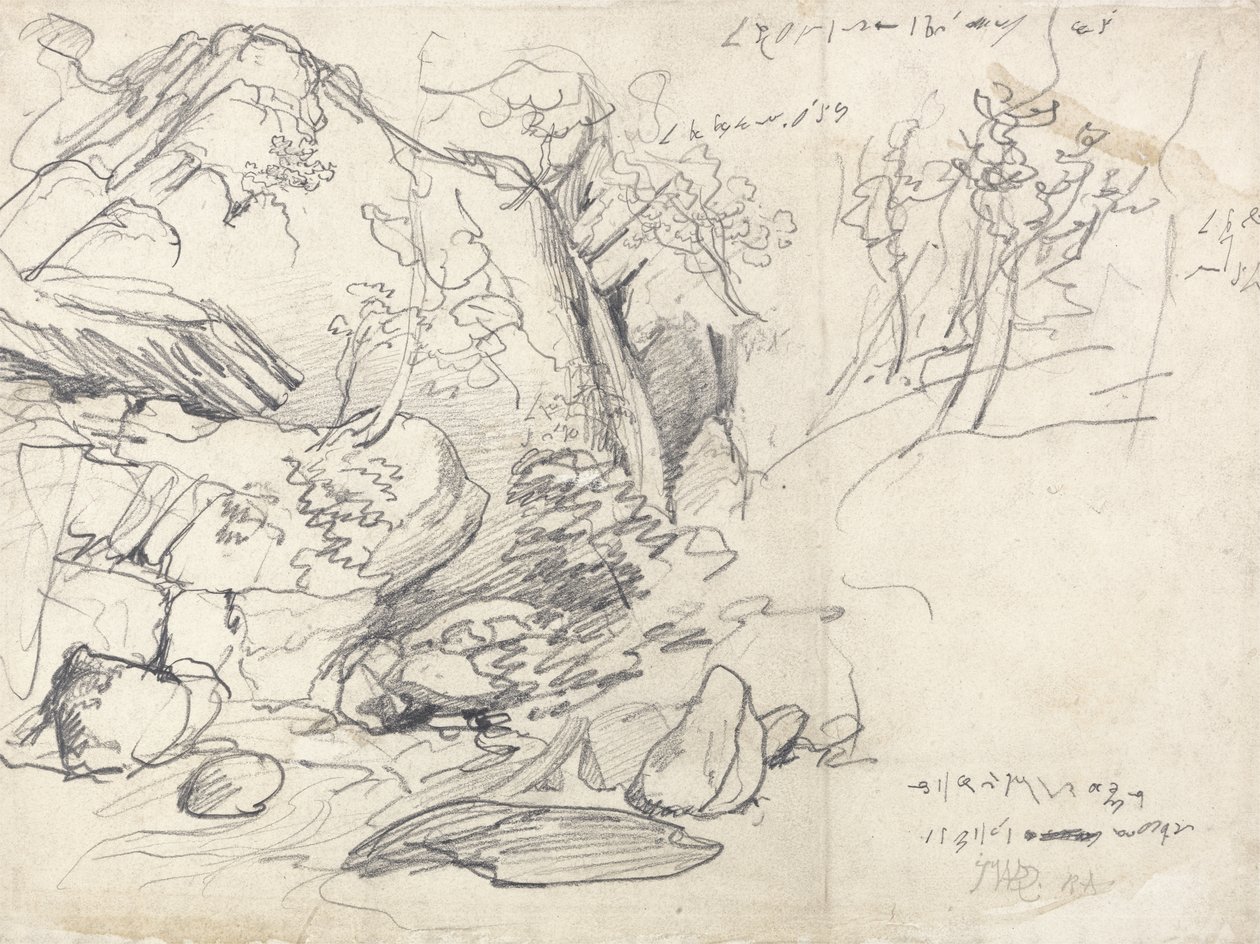 Studie af et bjerg med træer (sort kridt på papir) af James Ward