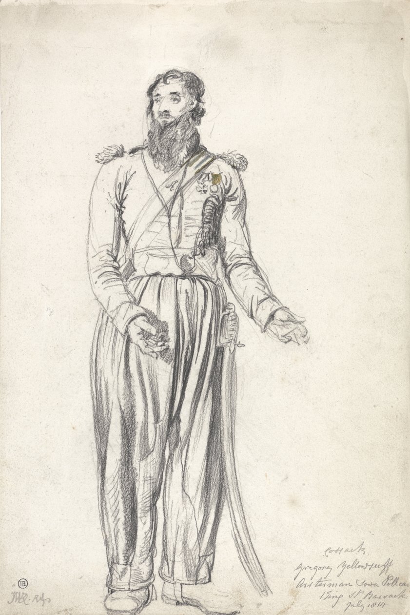 The Cossack, Gregory Yelloserf, juli 1814 (sort kridt og akvarel på papir) af James Ward