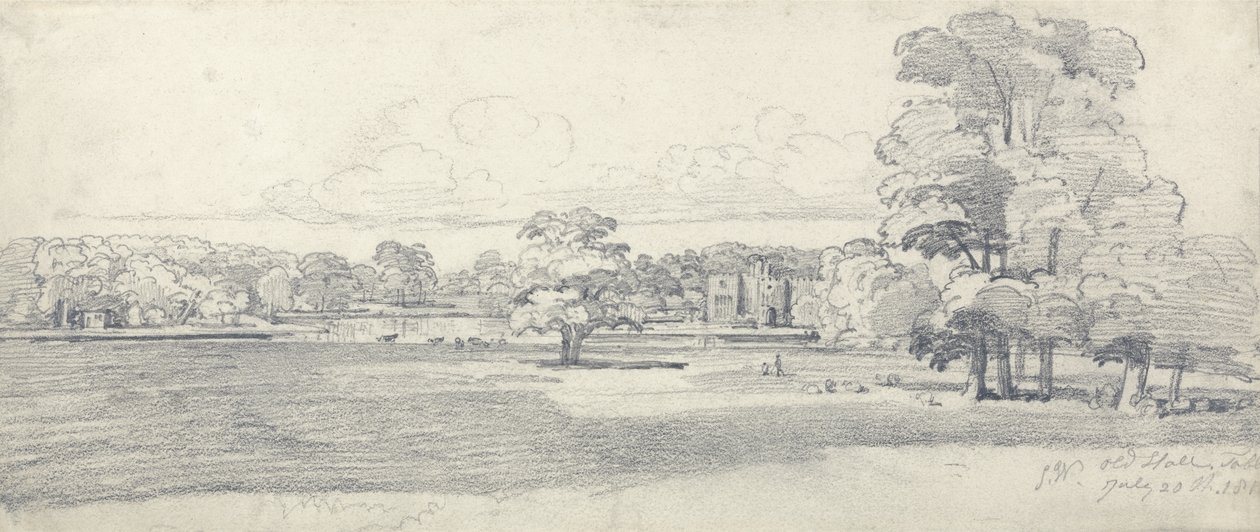 The Old Hall, Tabley, Surrounded by Parkland, 20. juli 1814 (blyant på papir) af James Ward