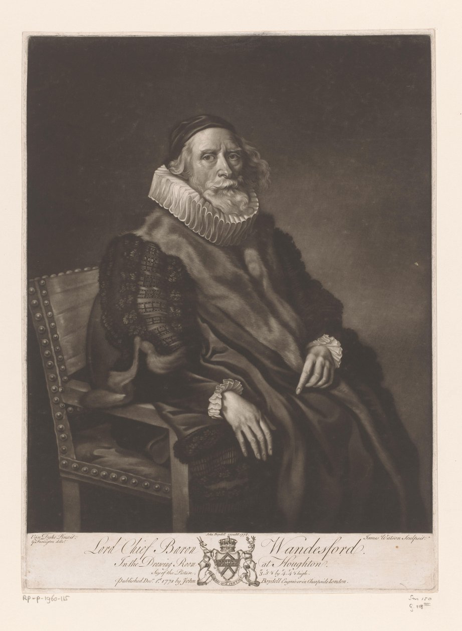 Portret af Rowland Wandesford Lord Chief Baron Wandesford (titel på objekt) Schilderijen fra The Houghton Gallery (serietitel) The Houghton Gallery (serietitel) af James Watson (prentmaker)