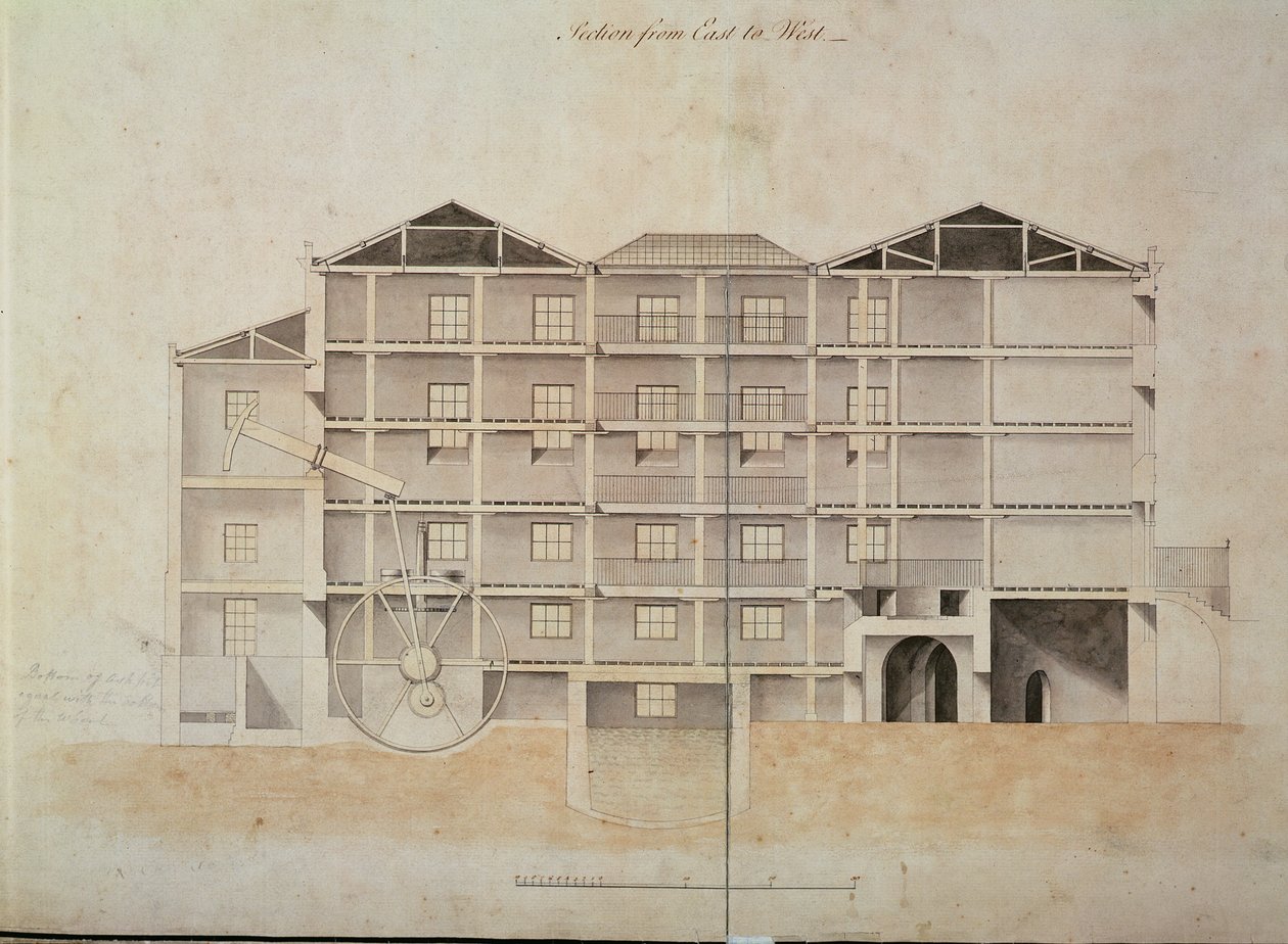 Albion Mølle, snit fra øst til vest (arkitektonisk tegning) af James Watt