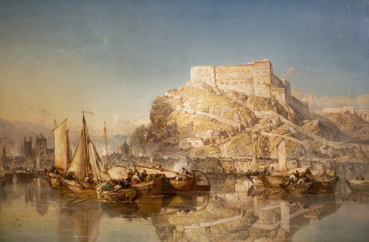 Byen og fæstningen Huy ved floden Meuse, 1880 af James Webb