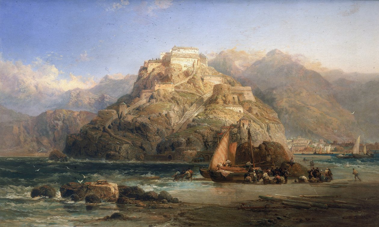 Udsigt over San Sebastian (Spanien), i midten Urgull-bjerget og bygningerne på slottet Santa Cruz de la Mota. Olie på lærred af James Webb (aktiv mellem 1853 og 1888). af James Webb