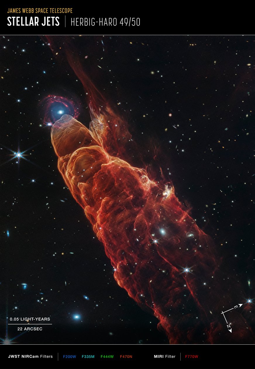 Herbig-Haro 49/50 (billede taget med NIRCam og MIRI Compass) af James Webb Space Telescope (NASA)