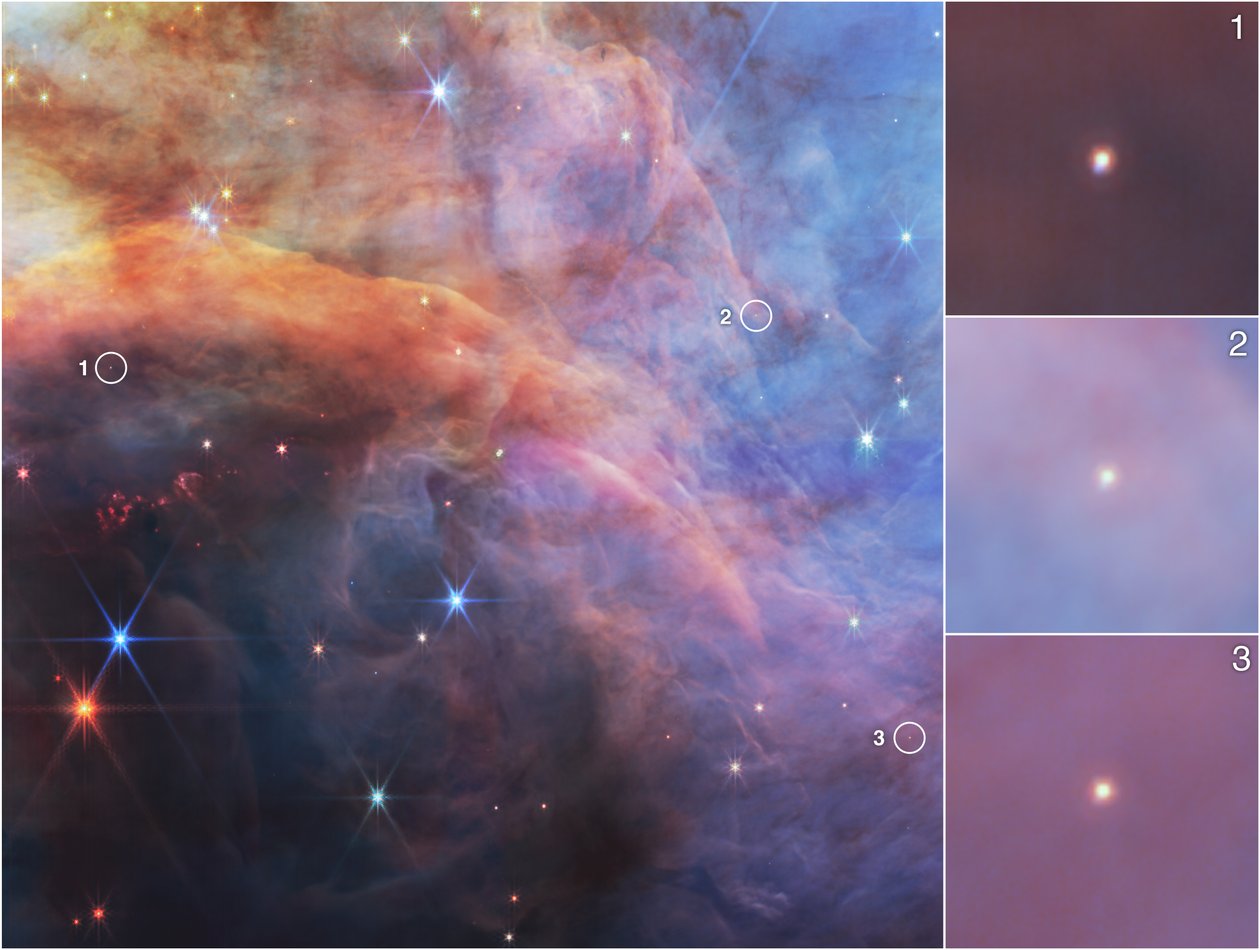 Små himmellegemer i Flammenebulaen (billede taget med NIRCam) af James Webb Space Telescope (NASA)